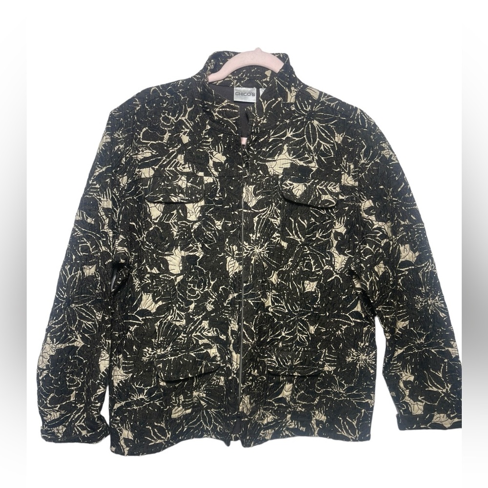 Chicos blazer size 16 (size XL) embroidered black & beige blazer with pockets